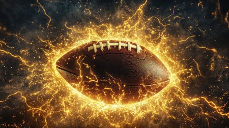 Yellow lightning bolts surrounding an American football, creating a powerful visual of energy and intensity.の素材