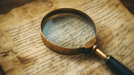 A magnifying glass hovers over an aged, faded document, evoking themes of research, investigation, and historical discovery.の素材