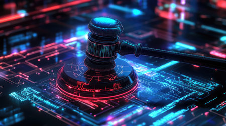A futuristic gavel on a high-tech desk, with glowing circuits and digital charts around it, illustrating legal solutions in the digital ageの素材