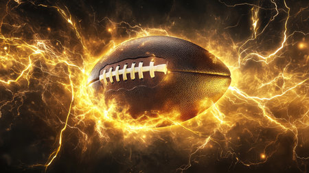 Yellow lightning bolts surrounding an American football, creating a powerful visual of energy and intensity.の素材