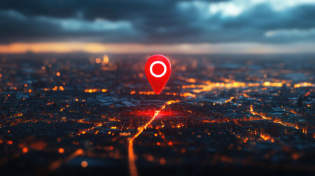 A bright red location pin hovering above a detailed cityscape illustration, symbolizing navigation, mapping, and modern urban exploration.の素材