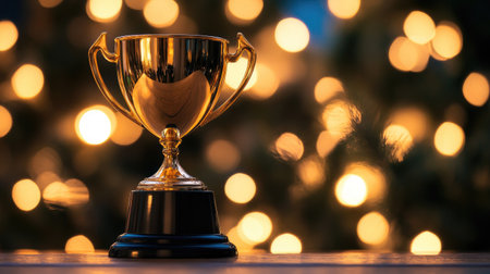 A shiny gold trophy sits proudly on a table, with blurred festive lights behind, symbolizing achievement and victoryの素材
