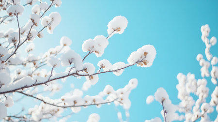 A serene winter landscape featuring snow-covered branches against a clear blue sky, perfect for seasonal or holiday designsの素材