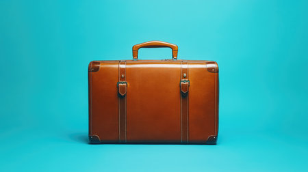 Elegant brown suitcase on a clean blue background, showcasing sleek design for travel and business lifestyle photography.の素材