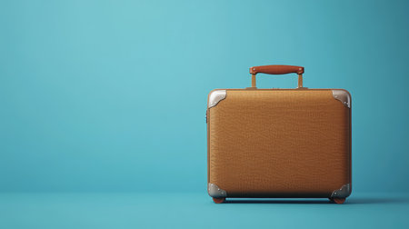 A sleek brown suitcase against a minimalist blue background, perfect for travel or business lifestyle concepts.の素材