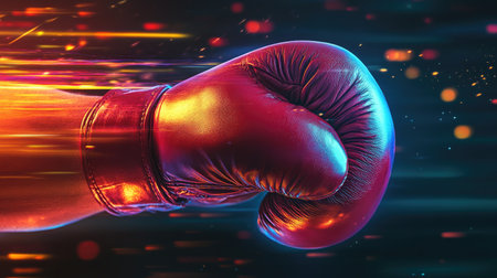 Close-up of a boxing glove delivering a punch, with motion blur and vibrant lights, capturing the energy of the moment.の素材