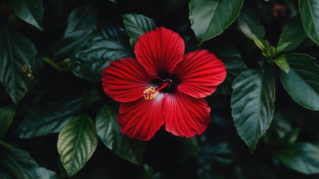 A striking red hibiscus flower with delicate petals and vibrant green leaves, framed perfectly for a nature-inspired shot.の素材