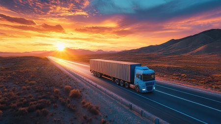 A sunset-lit highway frames a shipping container truck, symbolizing transportation and logistics with a peaceful scenic viewの素材