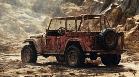 A weathered, vintage off-road vehicle with a rugged design, perfect for outdoor exploration and adventure-themed visuals.の素材