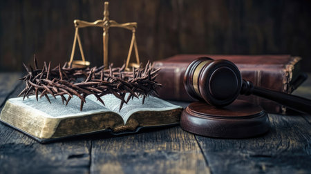 A table displaying a crown of thorns, Bible, cross, and gavel, representing the intersection of law and faithの素材
