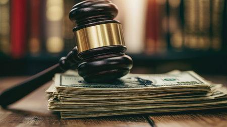 Gavel resting on a stack of cash, symbolizing the role of legal decisions in financial justice.の素材