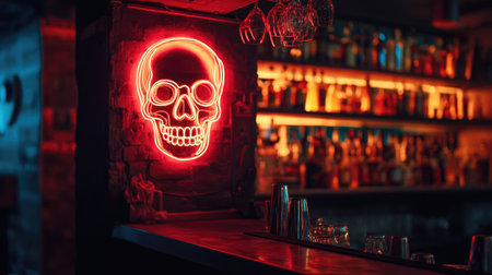 An edgy neon skull sign glows in a dim bar, creating a captivating and mysterious atmosphere for night owls.の素材