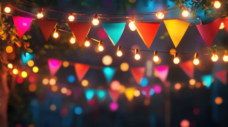 Colorful party scene with glowing lights and vibrant bunting, capturing the energy and joy of a special celebration.の素材