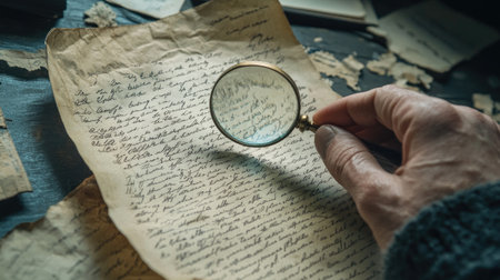 Close-up of a hand using a magnifying glass to examine an old, handwritten letter, symbolizing historical research and detail-oriented studiesの素材