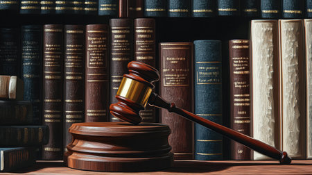 Judge gavel on sound block with law books and 8-bit digital art, combining the themes of law, technology, and justice.の素材