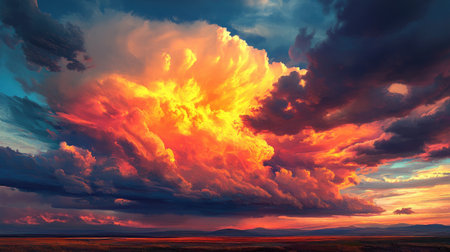A striking cloud formation with fiery colors, creating a vibrant and dynamic sky scene, perfect for dramatic landscapes.の素材