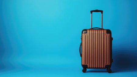 A sleek brown suitcase against a minimalist blue background, perfect for travel or business lifestyle concepts.の素材
