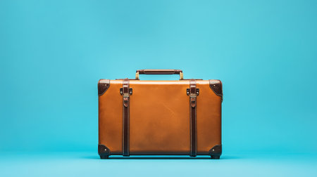 Elegant brown suitcase on a clean blue background, showcasing sleek design for travel and business lifestyle photography.の素材
