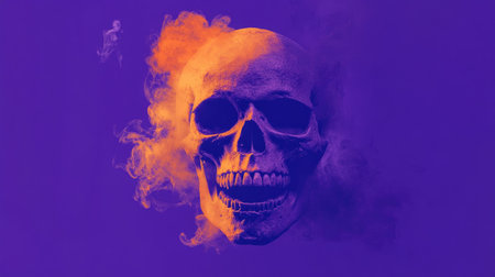 A skull on a solid purple background with vibrant orange smoke flowing through its eye sockets, creating a modern Halloween poster aestheticの素材