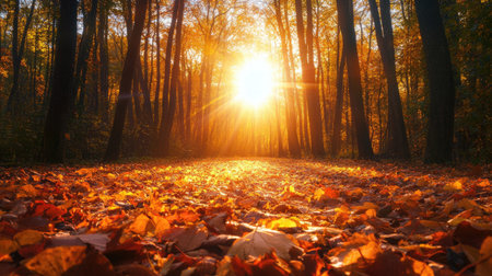 Golden autumn sunlight streams through the trees, casting a warm glow on a carpet of fallen leaves in a peaceful forest.の素材