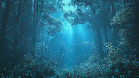 Ethereal blue light illuminates a dense forest with vibrant green foliage, evoking mystery and enchantment.の素材