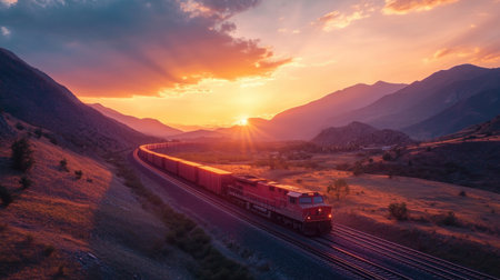Freight train journeying through mountainous terrain at sunset, a striking contrast of nature's colors and human industry.の素材
