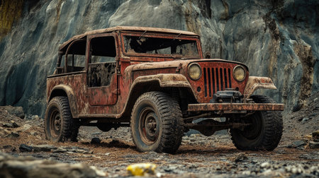 Rusty, vintage off-road vehicle in a rugged environment, symbolizing adventure, exploration, and classic design.の素材
