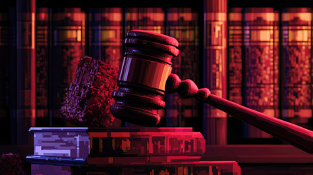 Judge gavel on sound block with law books and 8-bit digital art, combining the themes of law, technology, and justice.の素材