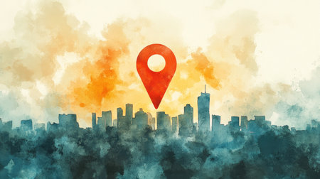 Colorful watercolor scene featuring a large red location pin above a city skyline, perfect for travel, navigation, and map-based designs.の素材