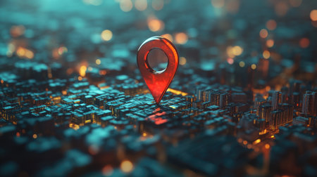 Stylized cityscape with a large red pin symbolizing navigation and mapping, representing technology and urban location services.の素材