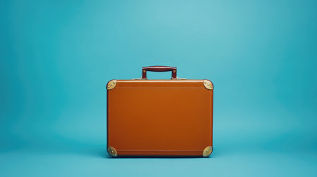 Stylish brown suitcase placed on a simple blue backdrop, ideal for highlighting travel, adventure, or business themes.の素材