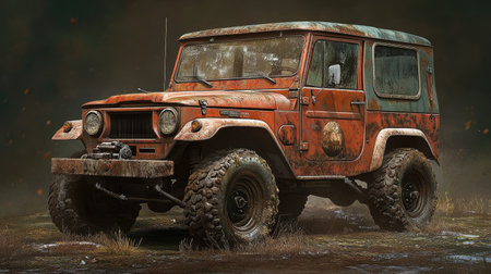 A vintage off-road vehicle with rusted details, capturing a rugged, adventurous spirit for exploration and outdoor themes.の素材