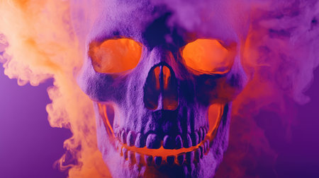 Halloween-themed skull with orange smoke pouring from its eyes, set against a bold purple background for a striking visual.の素材