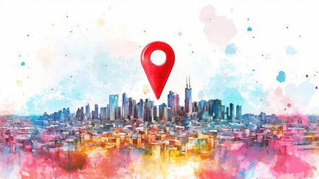 Colorful watercolor scene featuring a large red location pin above a city skyline, perfect for travel, navigation, and map-based designs.の素材