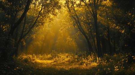 Golden sunlight filters through dense trees, bathing a tranquil forest in warm light, capturing the essence of nature beautyの素材