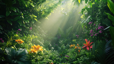 Sunlight gently illuminates lush green leaves and colorful blossoms, creating a peaceful and serene jungle setting.の素材