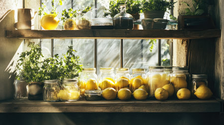 Sunlight pours over a rustic shelf filled with lemons, jars, and herbs, creating a cozy home market setting.の素材