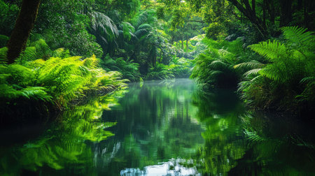 Serene water surrounded by lush greenery, with gentle reflections creating a calming and picturesque natural setting.の素材