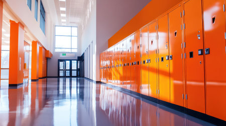 Orange lockers line a bright school hallway, with shiny floors reflecting the energetic academic environment.の素材