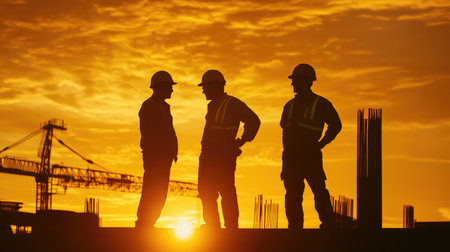 Sunset silhouettes of three workers in hard hats, emphasizing teamwork and growth in the construction industryの素材