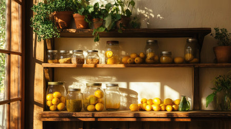 Warm sunlight bathes a rustic shelf filled with jars, lemons, and greenery, creating a cozy, homey market vibe.の素材