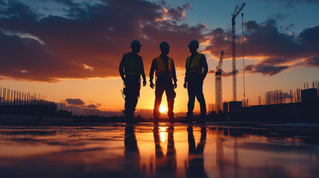 Three construction workers stand in silhouette at sunset, symbolizing progress, teamwork, and industry development. )の素材