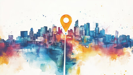 Watercolor city view with a bright location pin at the center, symbolizing mapping, exploration, and finding your way.の素材