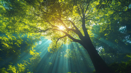 Sunlight beams through the canopy of trees in a tranquil forest, illuminating the natural beauty and serenity of the scene.の素材