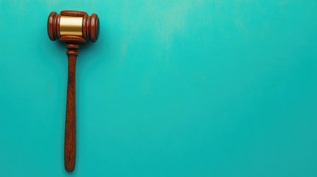 Wooden judge's gavel on a clean turquoise background, highlighting the symbol of law and order.の素材