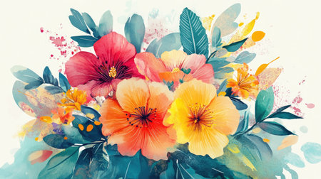 Watercolor illustration of diverse flowers and leaves, creating a vibrant and artistic floral arrangement.の素材