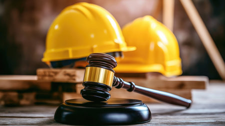Wooden gavel and a construction worker helmet placed together, illustrating legal protection of industrial labor rights.の素材