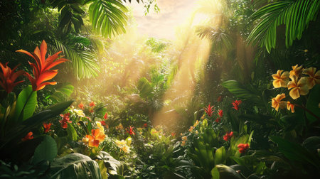 Sunlight gently illuminates lush green leaves and colorful blossoms, creating a peaceful and serene jungle setting.の素材