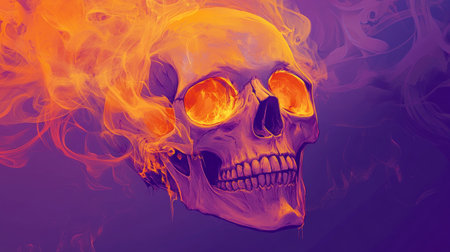 Skull on a purple background with swirling orange smoke through its eyes, evoking a modern, eerie Halloween designの素材