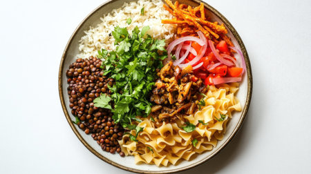 A plate of Egyptian koshari, featuring rice, lentils, pasta, and crispy onions on a white background, with vibrant details.の素材